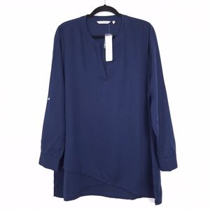 Soft Surroundings Heavenly Soft Timeless Tencel Top Nautical Navy tunic roll tab